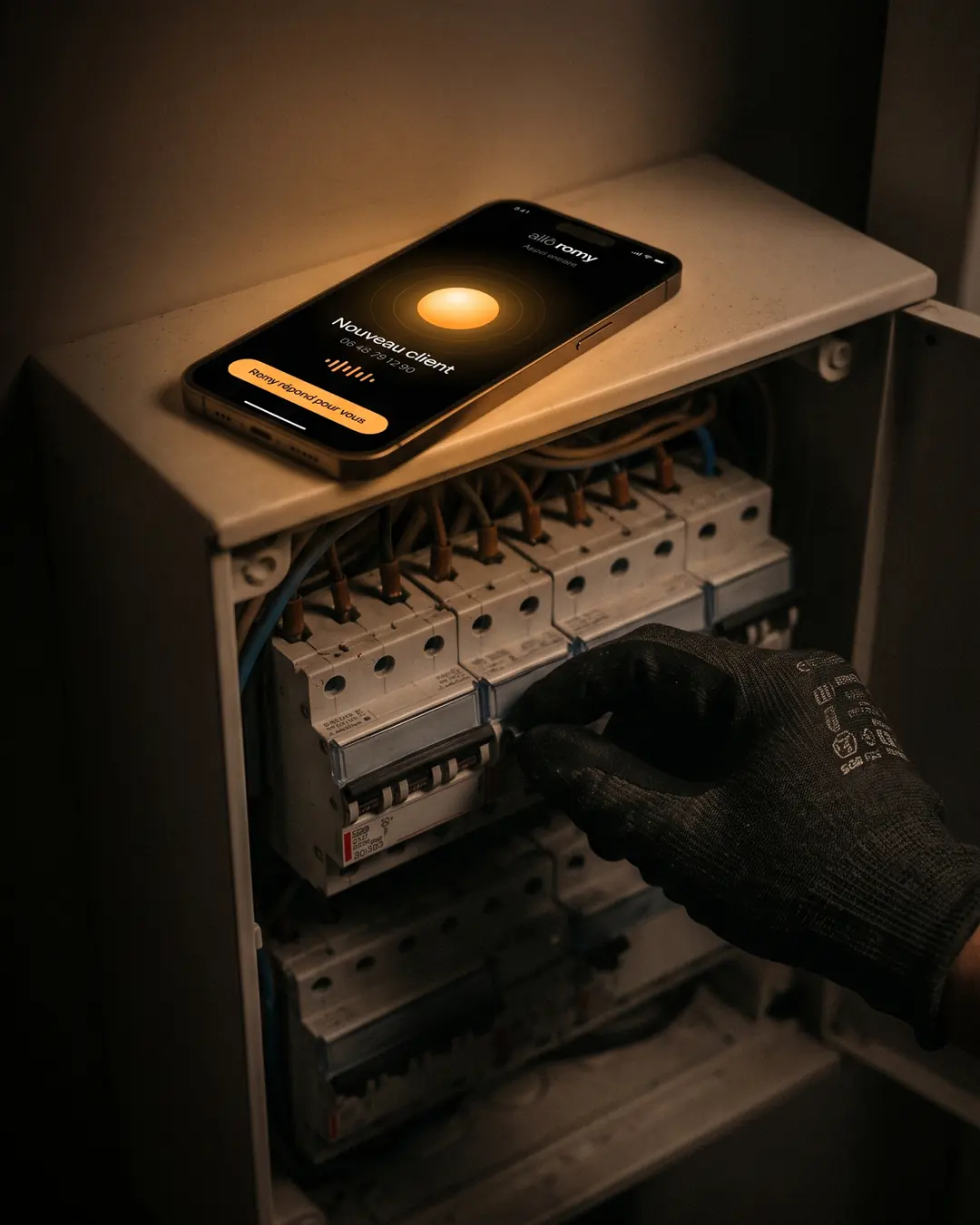 Un électricien travaille sur un tableau électrique, son téléphone allumé posé dessus