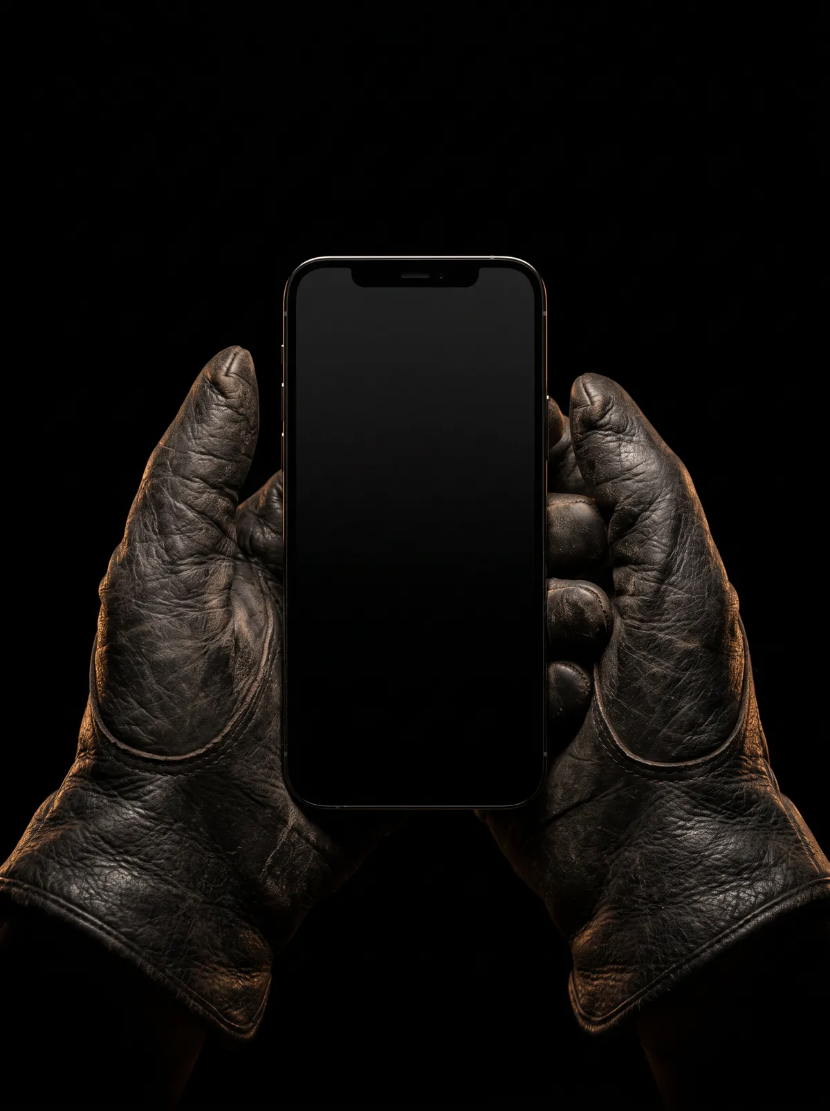 Mains gantées d'un artisan qui tiennent son téléphone